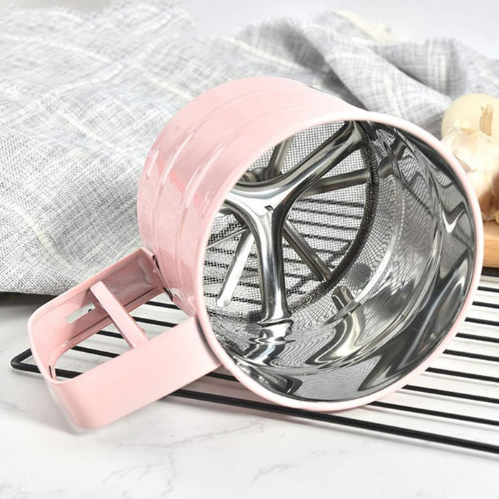 Stainless Steel Hand Crank Rotary Flour Sifter for Baking in Pink or Blue