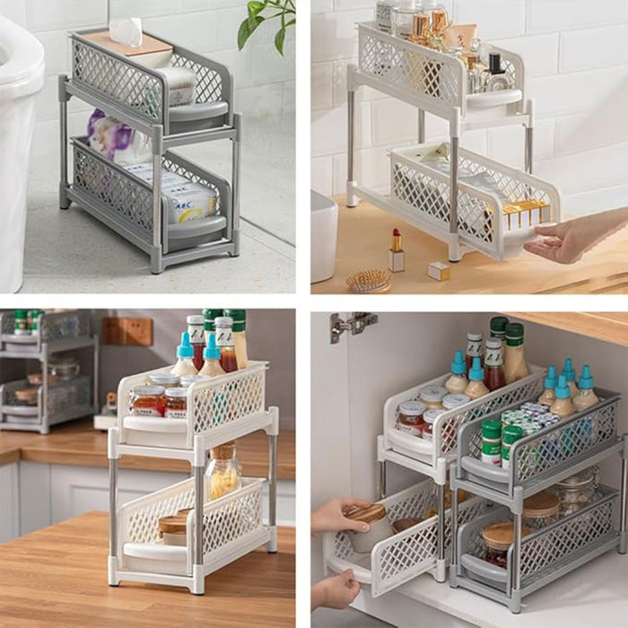 2 Tier Spice Rack Storage Organiser Plastic with Pull-Out Drawer