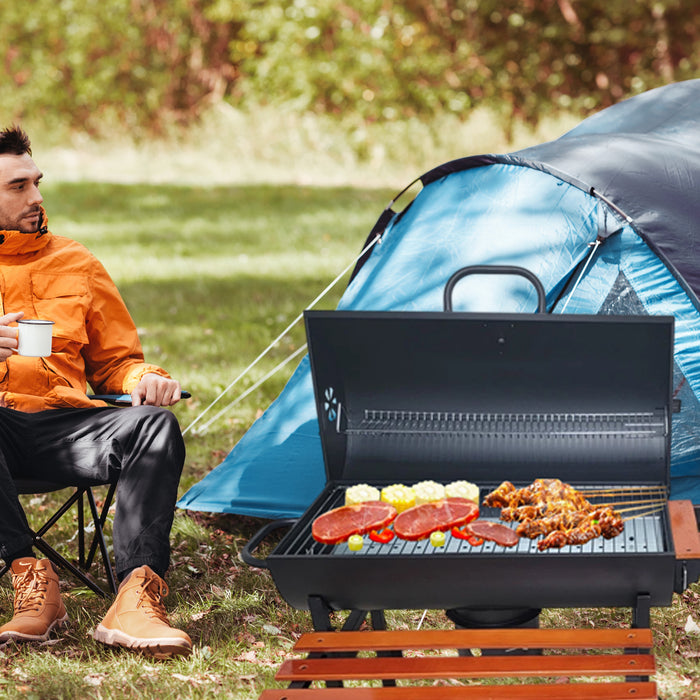 Portable Outdoor Charcoal BBQ Grill with Thermometer Wooden Shelf 105.5 x 85 x 118 cm