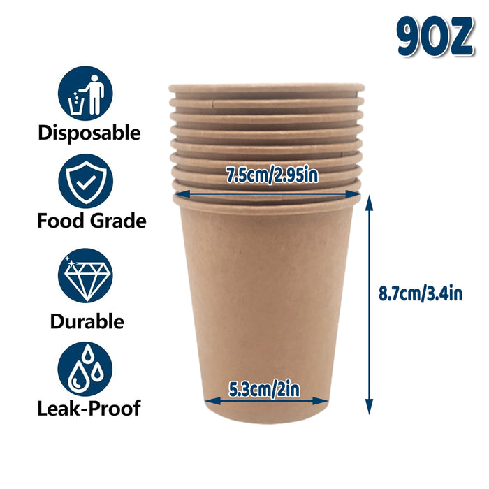 500 Pcs 9oz Disposable Paper Cups Kraft Brown Leak Proof