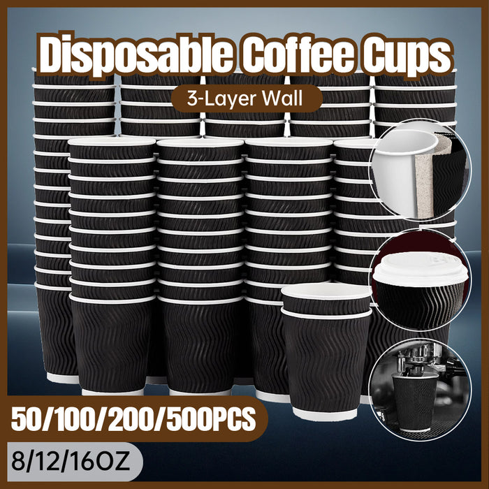 50pcs Triple Wall Black Coffee Cups with Lids 8oz 12oz 16oz