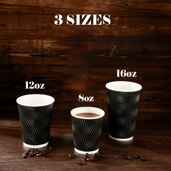 50pcs Triple Wall Black Coffee Cups with Lids 8oz 12oz 16oz