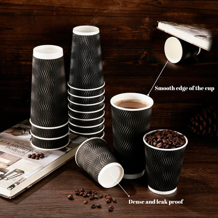 50pcs Triple Wall Black Coffee Cups with Lids 8oz 12oz 16oz
