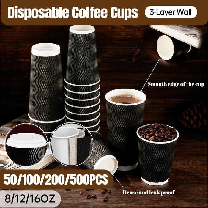 50pcs Triple Wall Black Coffee Cups with Lids 8oz 12oz 16oz