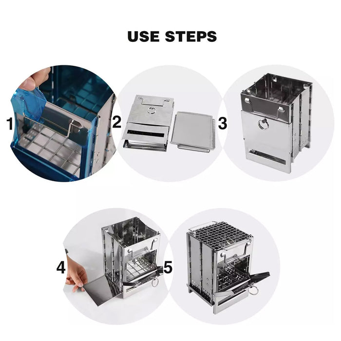 Foldable Stainless Steel BBQ Grill Multi-Fuel Camping Stove 14 x 14 x 21 cm