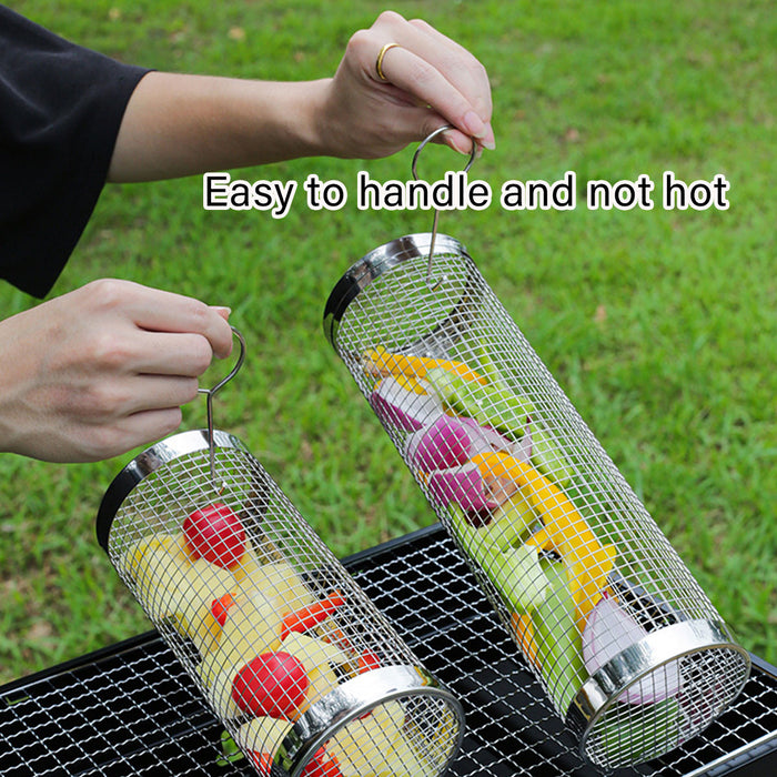 2 Pcs Stainless Steel Rotating BBQ Basket Round Grill Cage Small 20 x 9.5 cm / Large 30 x 9.5 cm