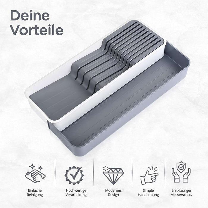 Expandable Knife Organiser Tray with Silicone Inserts White Grey