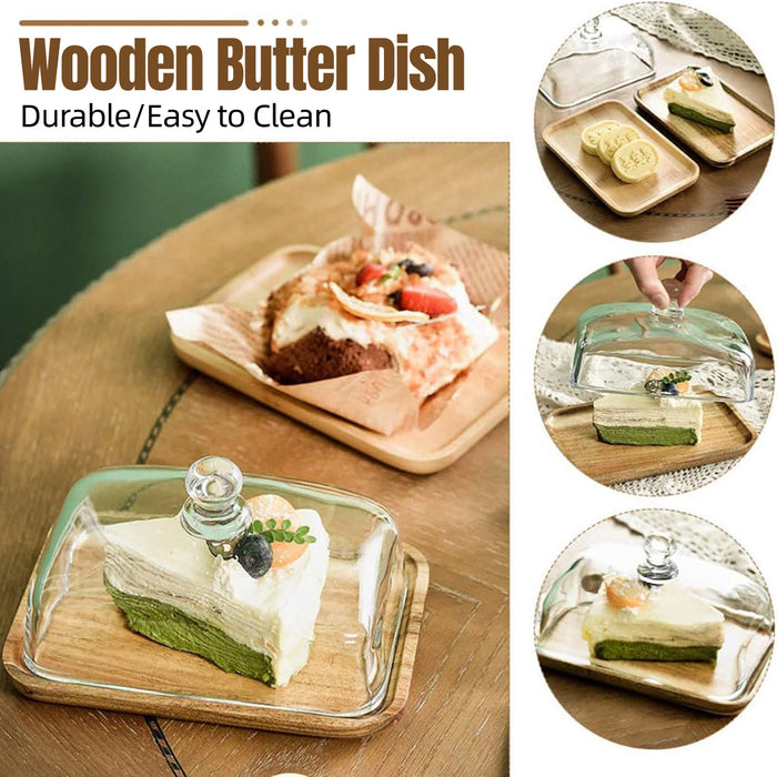 Wooden Square Cake Tray with Glass Cover Dessert Stand
