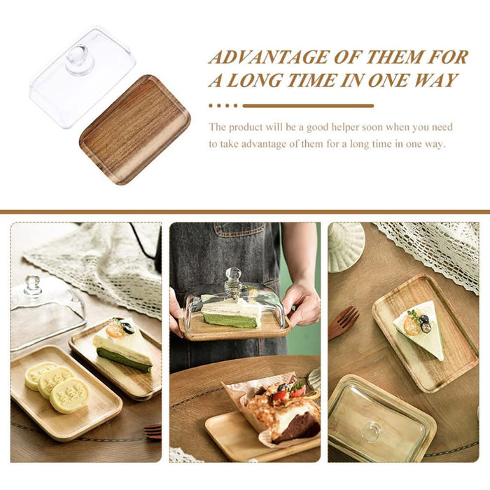 Wooden Square Cake Tray with Glass Cover Dessert Stand