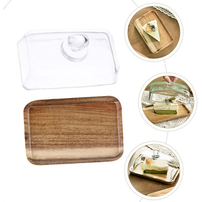 Wooden Square Cake Tray with Glass Cover Dessert Stand