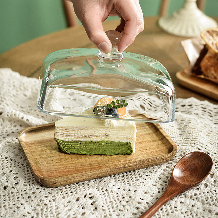 Wooden Square Cake Tray with Glass Cover Dessert Stand