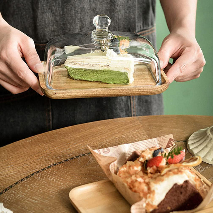 Wooden Square Cake Tray with Glass Cover Dessert Stand