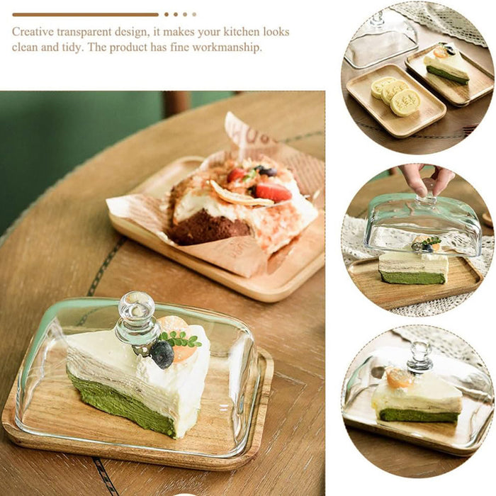 Wooden Square Cake Tray with Glass Cover Dessert Stand