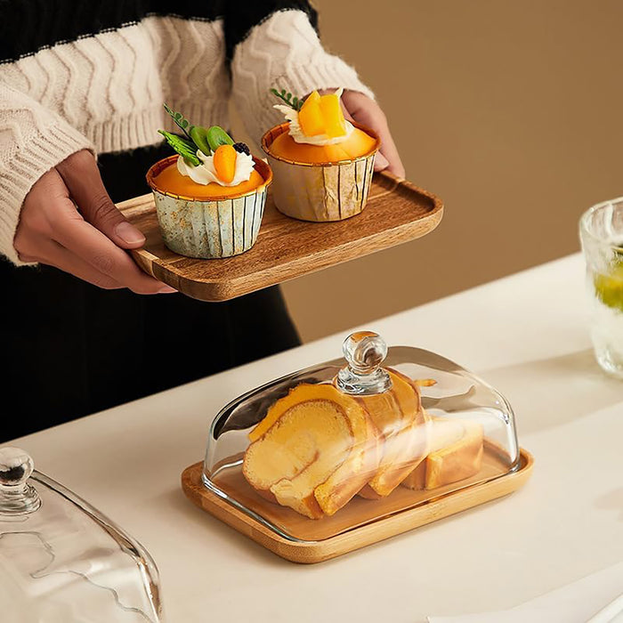Wooden Square Cake Tray with Glass Cover Dessert Stand