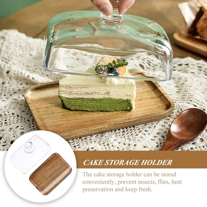 Wooden Square Cake Tray with Glass Cover Dessert Stand