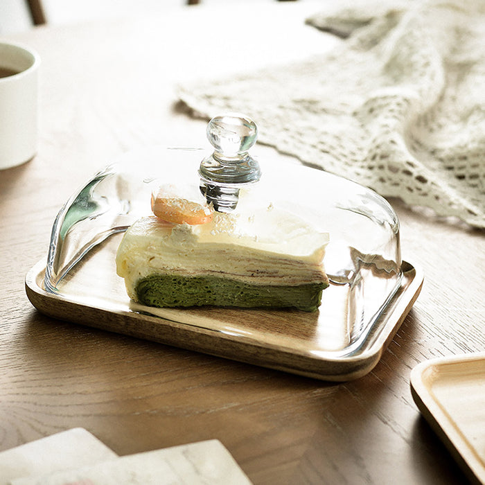 Wooden Square Cake Tray with Glass Cover Dessert Stand