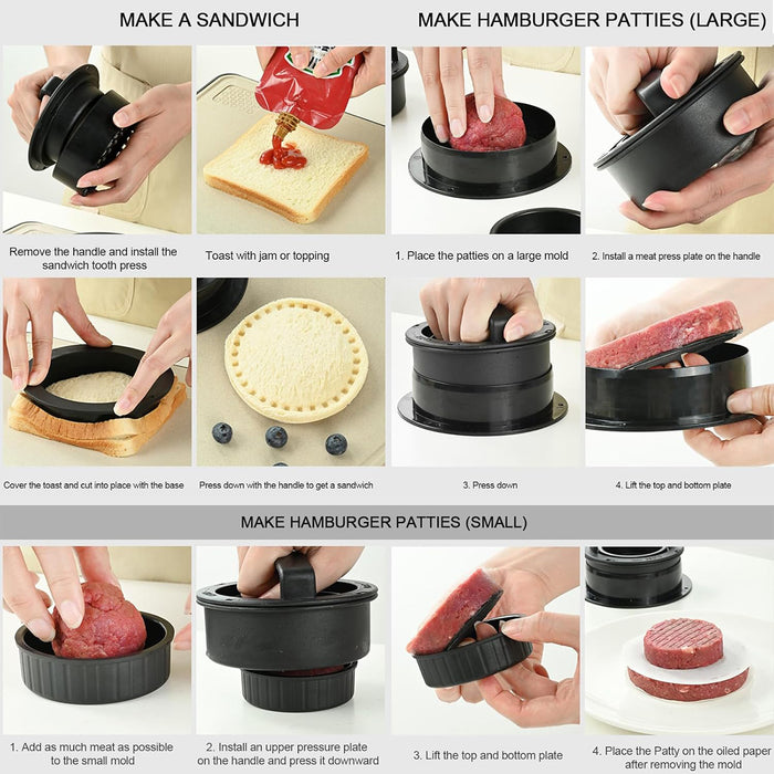 3 In 1 Hamburger Press with 100 Greaseproof Papers Black