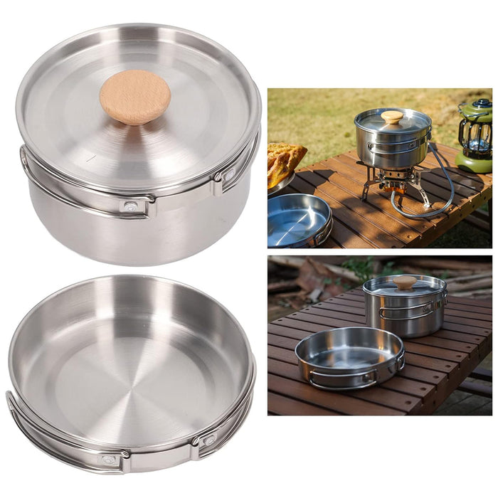 2 Pcs 304 Stainless Steel Camping Pot and Pan Set with Folding Handles