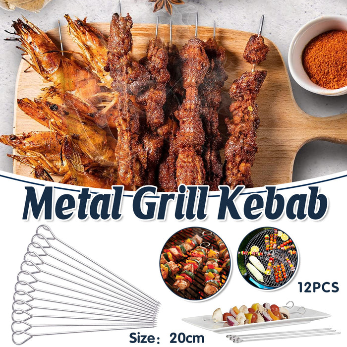 12 Pcs Metal BBQ Skewers Stainless Steel 20cm Looped Handles