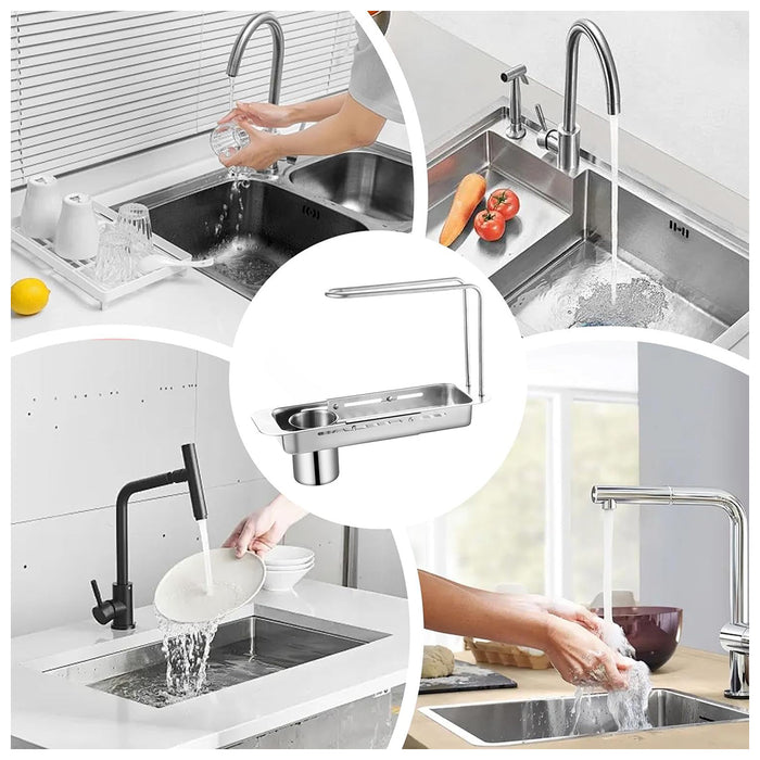 Retractable Sink Draining Rack With Filter Cup Silver Black