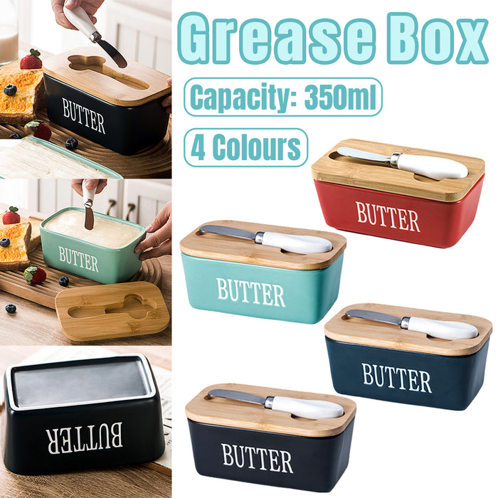 Ceramic Butter Box with Bamboo Lid Knife Slot 14.5cm
