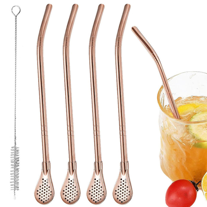 5 Pcs Straw Spoons with Removable Filter 18cm Stainless Steel