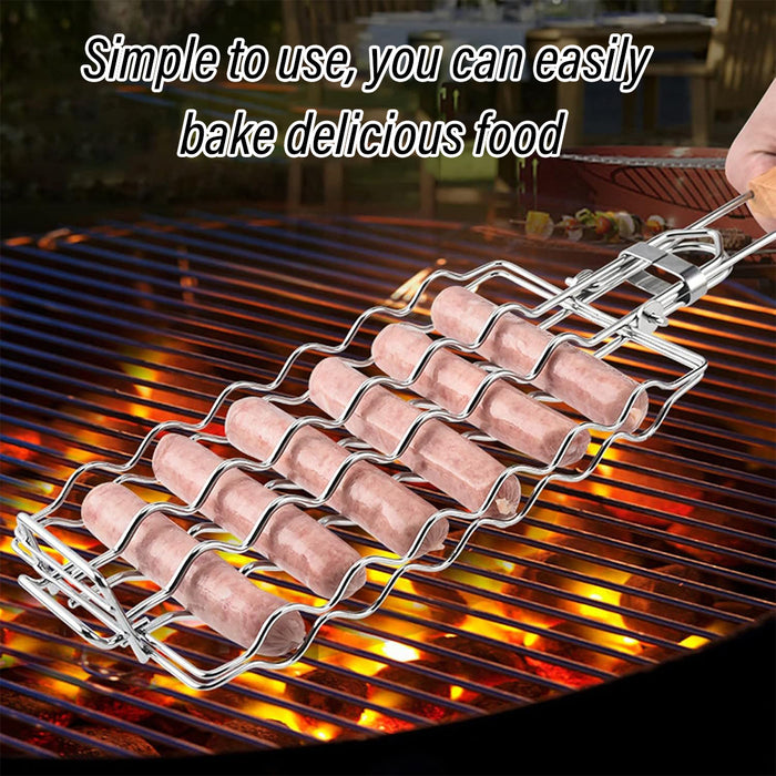 304 Stainless Steel Portable Sausage BBQ Grill Net with Wooden Handle