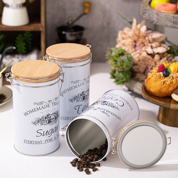 3PCS White Tinplate Coffee Tea Sugar Storage Jar Set
