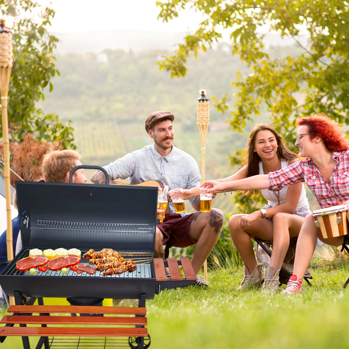 Portable Outdoor Charcoal BBQ Grill with Thermometer Wooden Shelf 105.5 x 85 x 118 cm