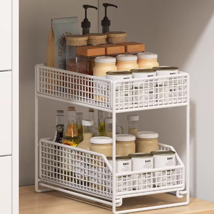 Pull-Out Storage Shelf Two-Tier White Wireframe Organizer
