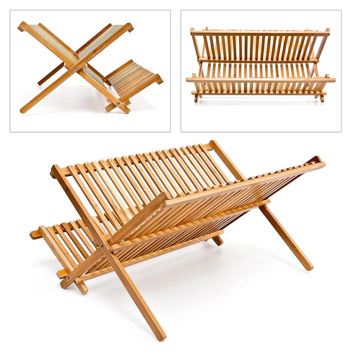 Foldable Bamboo 2 Tier Dish Drying Rack for Kitchen Counter