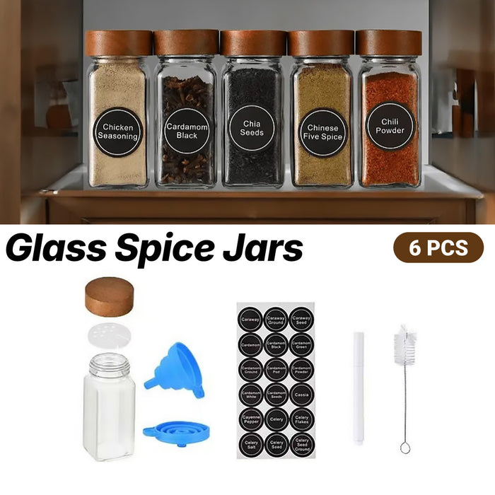 6 Pcs Square Glass Spice Jars with Wooden Lids Labels