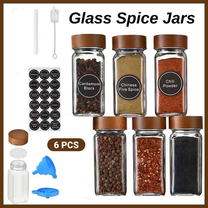 6 Pcs Square Glass Spice Jars with Wooden Lids Labels