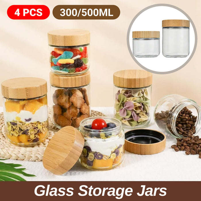 4 Pcs Glass Storage Jars with Bamboo Lids Airtight 300ml 500ml