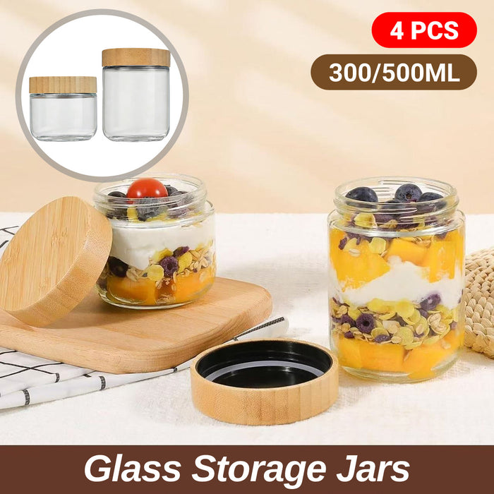 4 Pcs Glass Storage Jars with Bamboo Lids Airtight 300ml 500ml