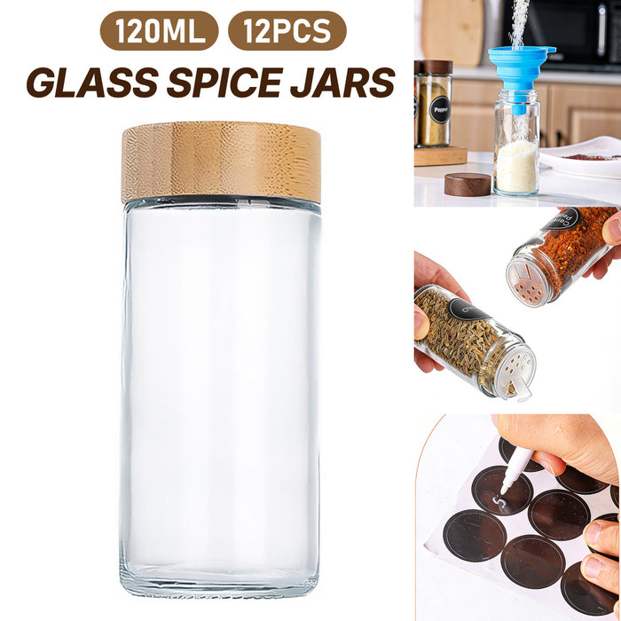 12 Pcs Glass Spice Jars with Wooden Lids Labels 120ml