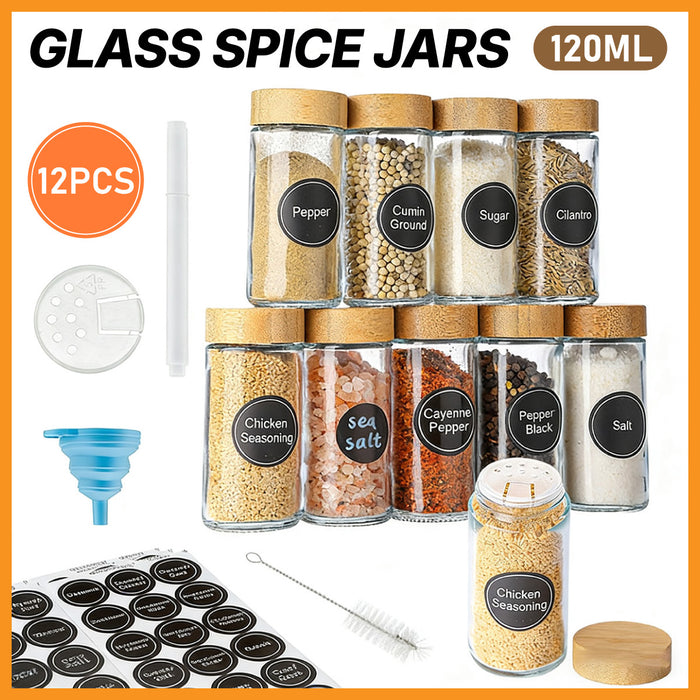 12 Pcs Glass Spice Jars with Wooden Lids Labels 120ml