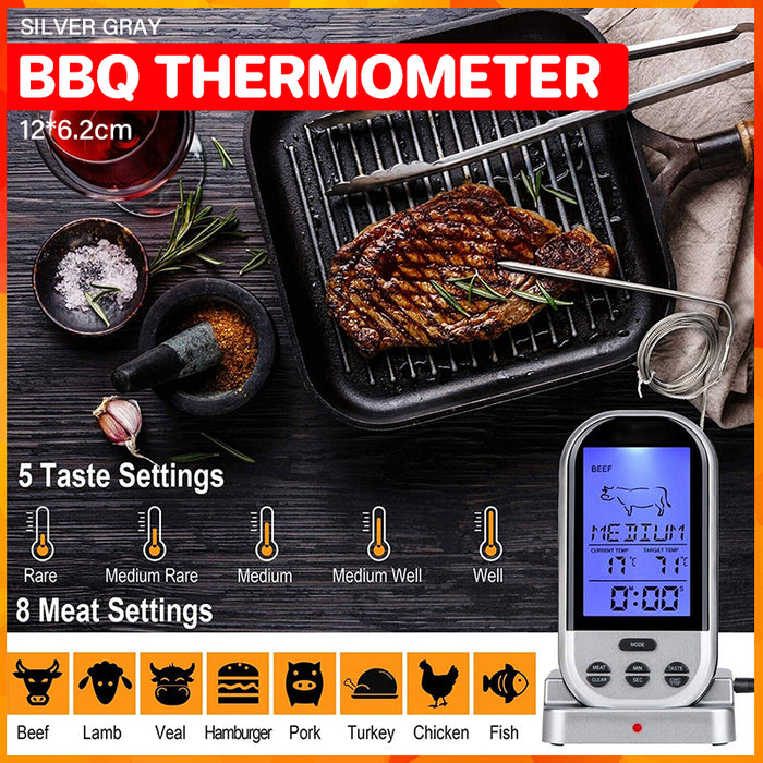 Wireless Remote Cooking Thermometer with Timer, Silver Grey