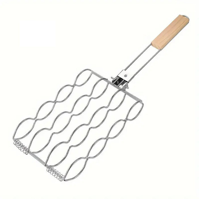 Corn Grill Clip Folding Handle Wooden Grip Metal Silver