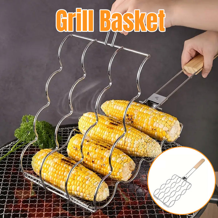 Corn Grill Clip Folding Handle Wooden Grip Metal Silver