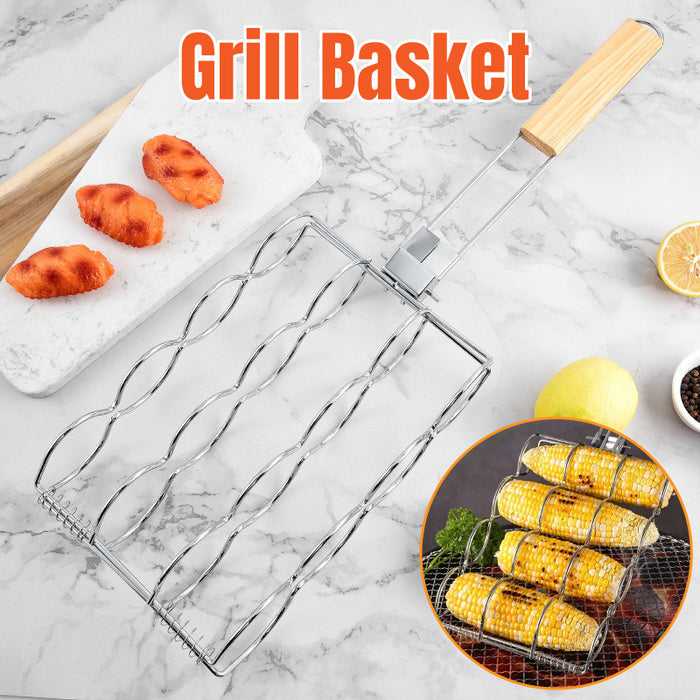 Corn Grill Clip Folding Handle Wooden Grip Metal Silver