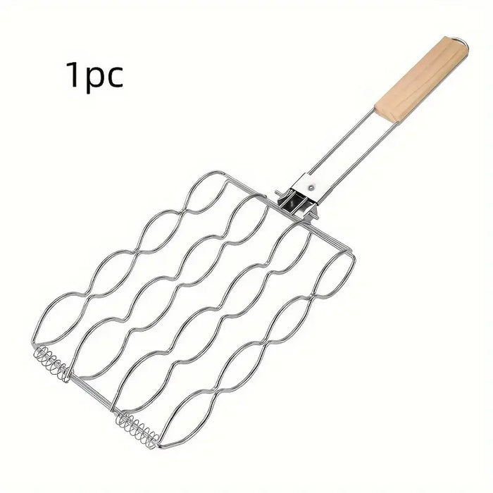 Corn Grill Clip Folding Handle Wooden Grip Metal Silver