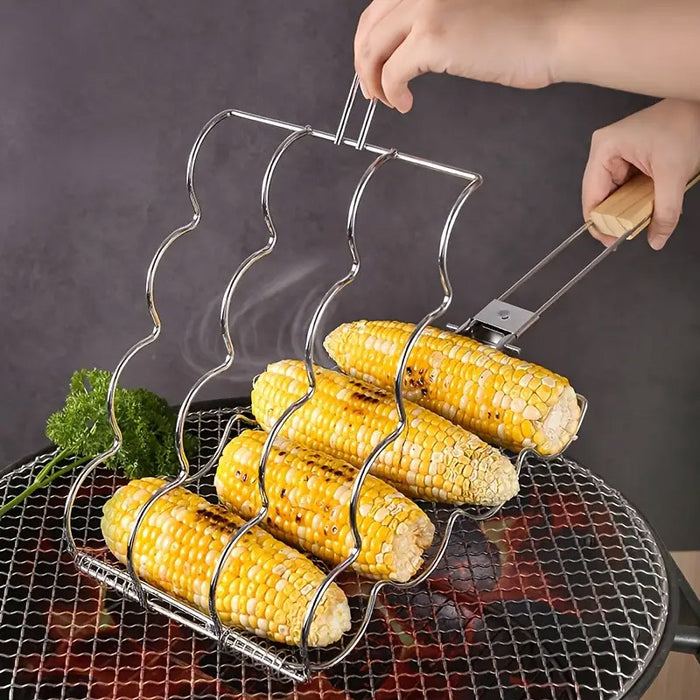 Corn Grill Clip Folding Handle Wooden Grip Metal Silver