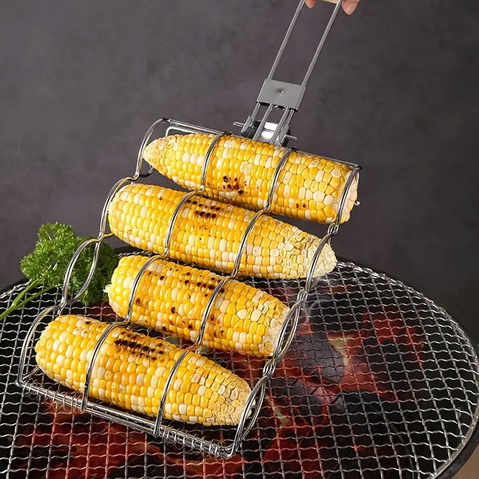 Corn Grill Clip Folding Handle Wooden Grip Metal Silver