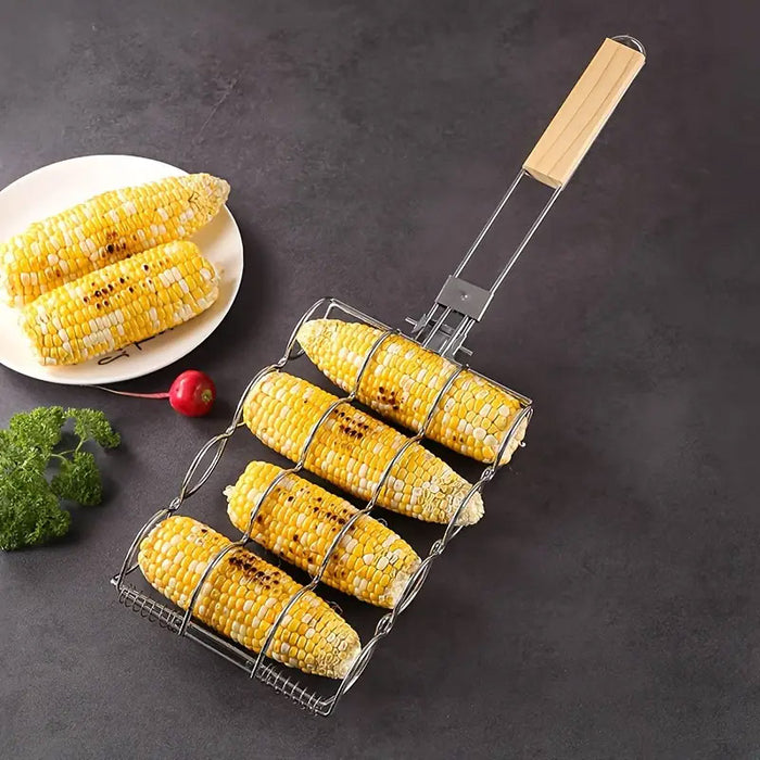 Corn Grill Clip Folding Handle Wooden Grip Metal Silver