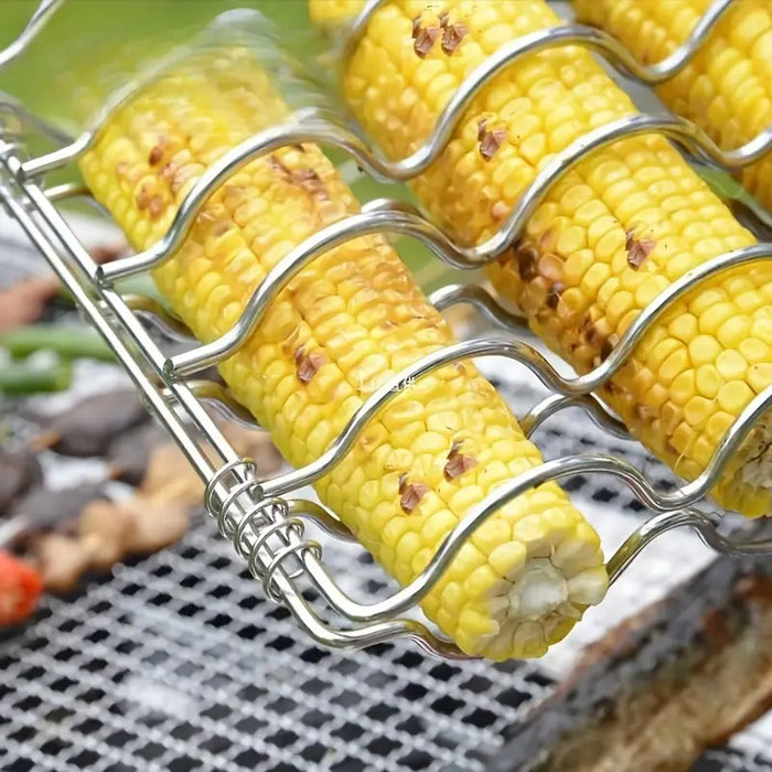 Corn Grill Clip Folding Handle Wooden Grip Metal Silver