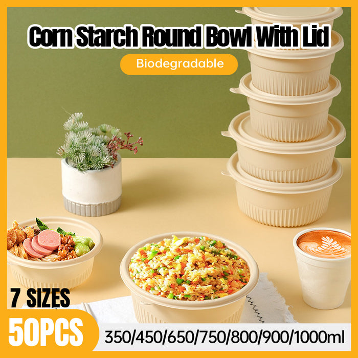 50 Pcs Biodegradable Corn Starch Lunch Boxes Round Takeaway Containers with Lids