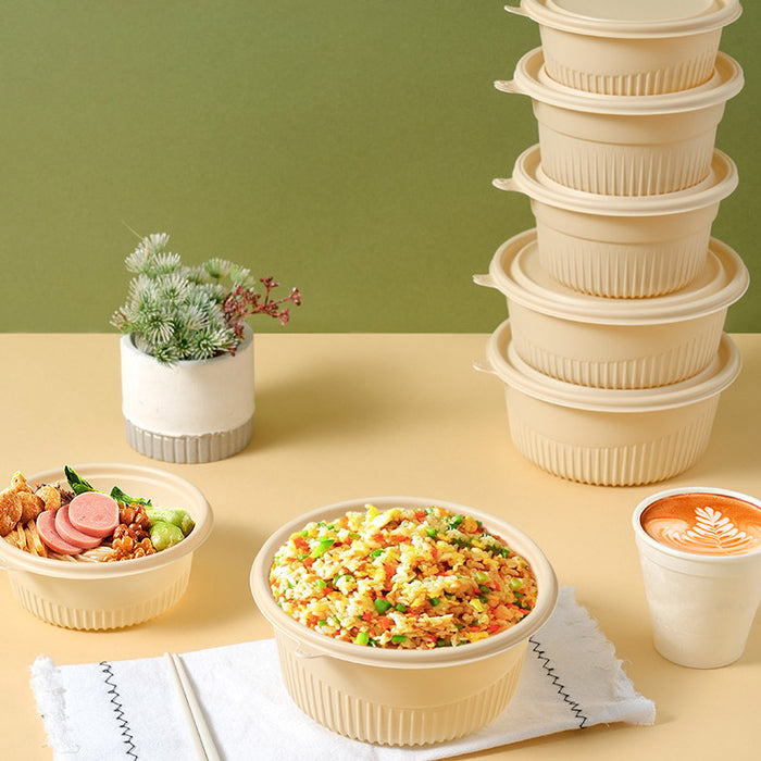 50 Pcs Biodegradable Corn Starch Lunch Boxes Round Takeaway Containers with Lids