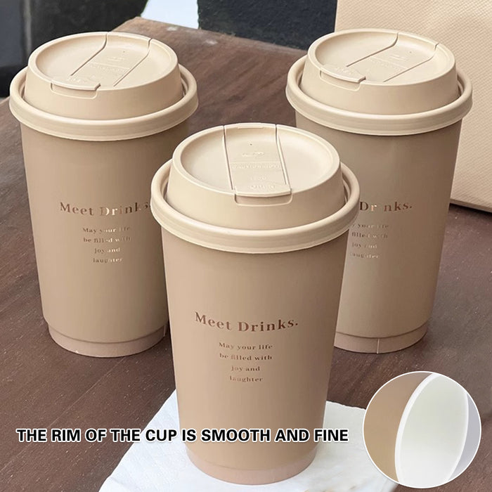 50 Pcs Coffee Paper Cups with Lids Matte Brown 330ml 380ml 500ml