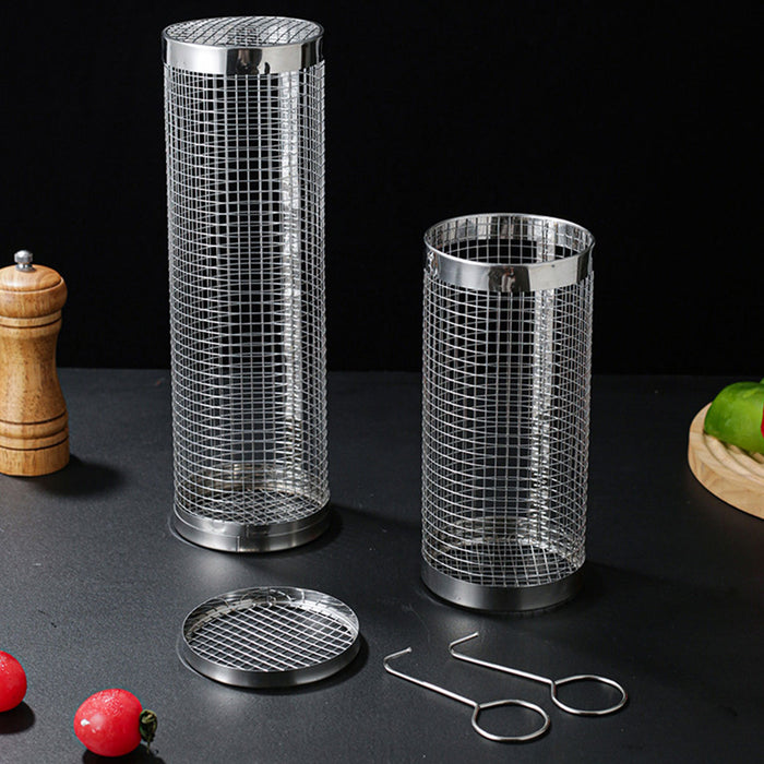 2 Pcs Stainless Steel Rotating BBQ Basket Round Grill Cage Small 20 x 9.5 cm / Large 30 x 9.5 cm